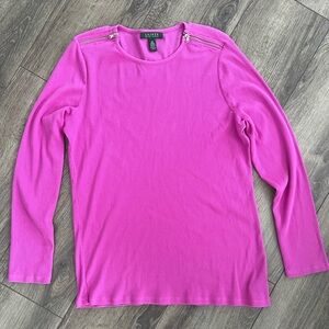 Lauren Ralph Lauren Vibrant Pink Ribbed Long Sleeve Top Henley Zippers Size 2X